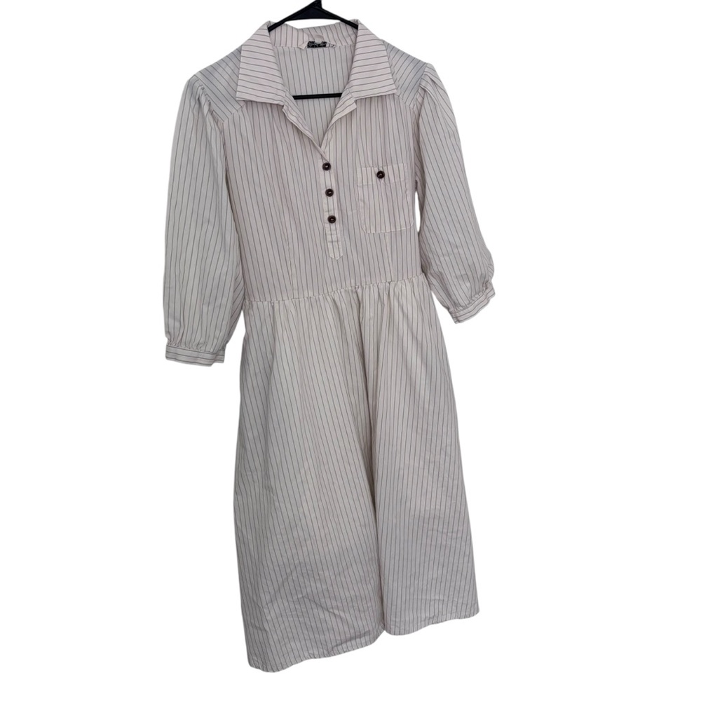 Simple retro beige stripe long sleeve midi dress size M